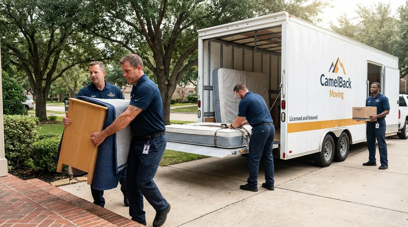 Crew loading residential truck for cross-state move from Calais, ME