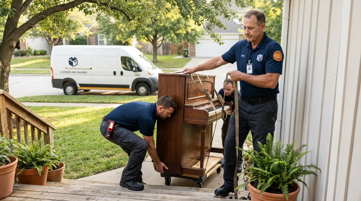 Licensed piano movers securing grand piano in Calais, ME