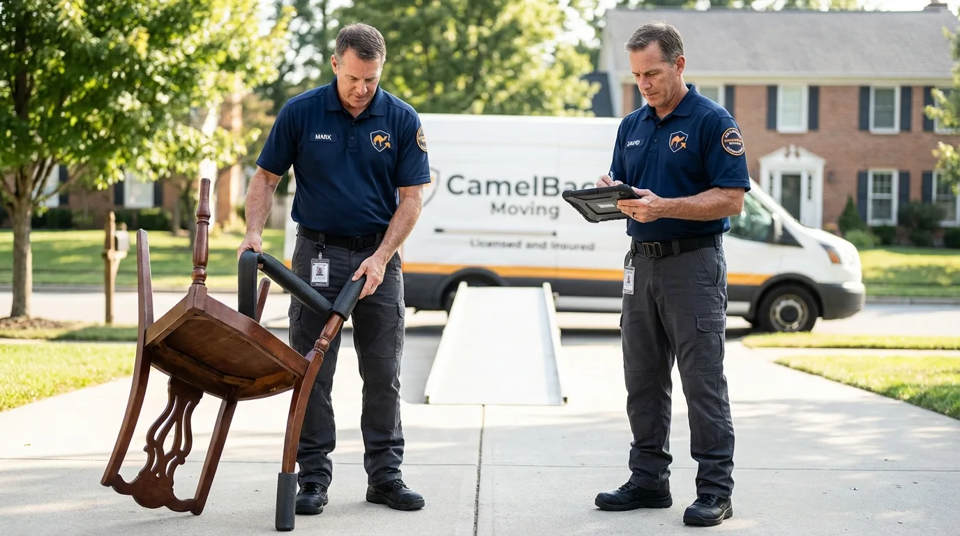 Movers inspecting furniture for damage prevention before loading in Calais, ME
