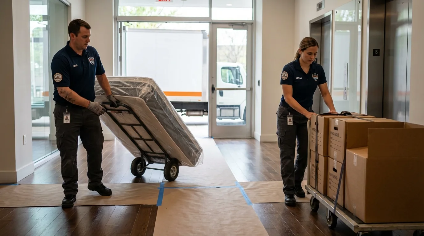 Professional apartment movers loading elevator in Calais, ME