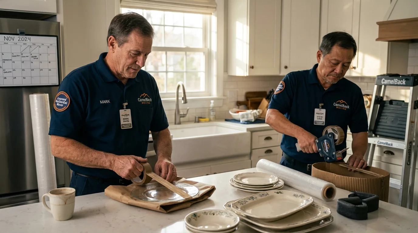 Professional crew packing kitchen dishware in Calais, ME